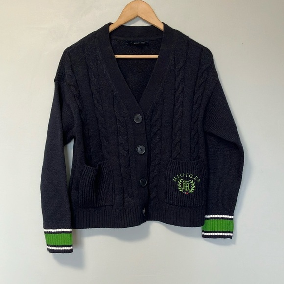 NWOT Tommy Hilfiger Navy Blue Cable Knit Cardigan with Green Accents - Picture 2 of 8